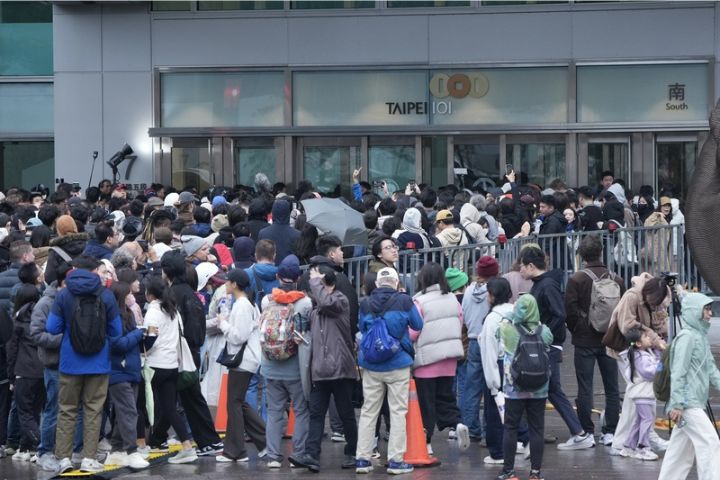 美國攀岩好手霍諾德原訂24日挑戰徒手獨攀台北101,大批粉絲聚集在101大門外等待霍諾德現身。圖/中央社