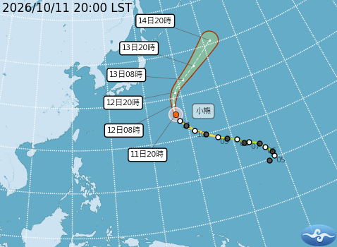 小熊颱風預測路徑。圖/取自中央氣象署