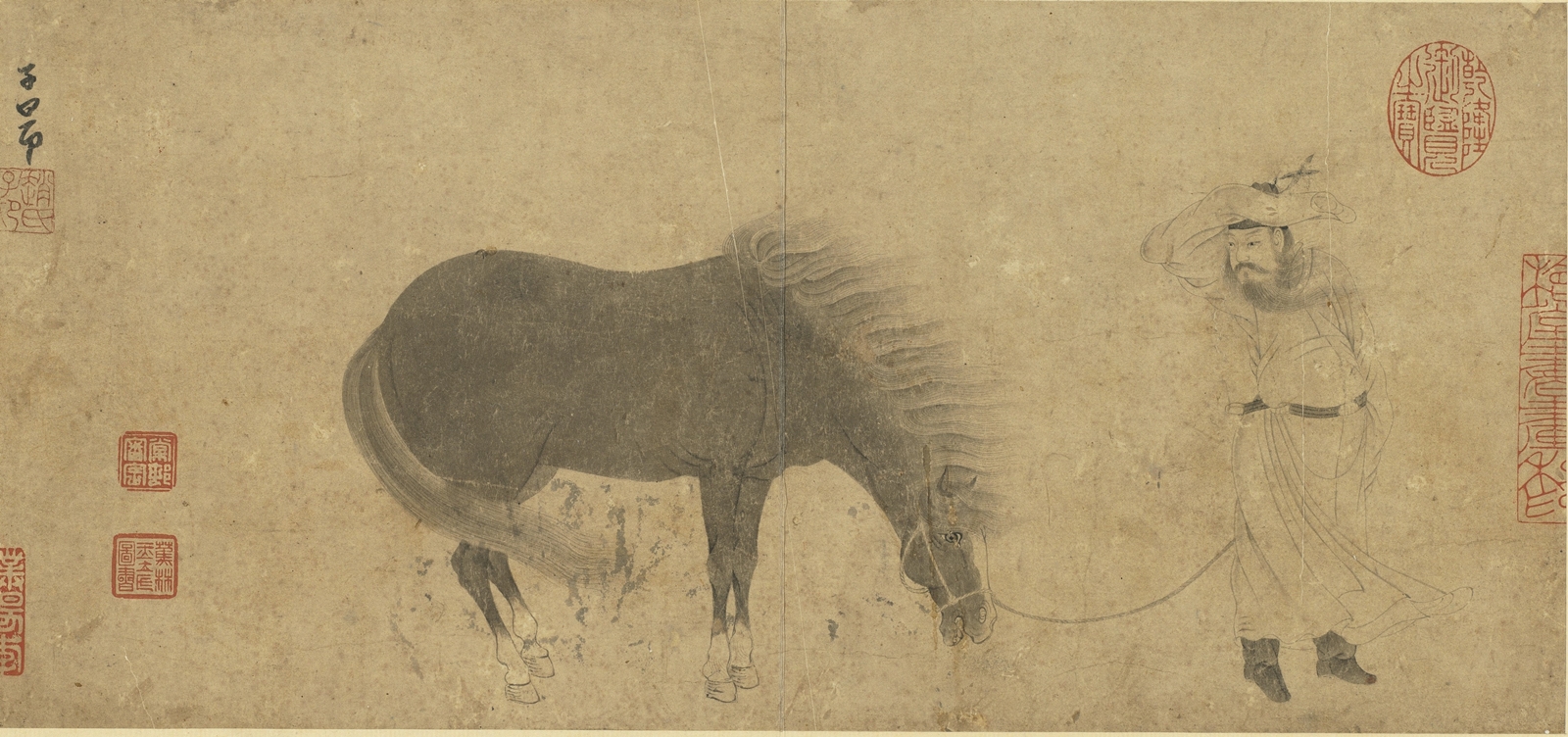 元代趙孟頫的〈調良圖〉則描繪疾風中奚官回首關照馬匹，人馬一同等待風勢稍歇的淡然溫情。圖/故宮提供