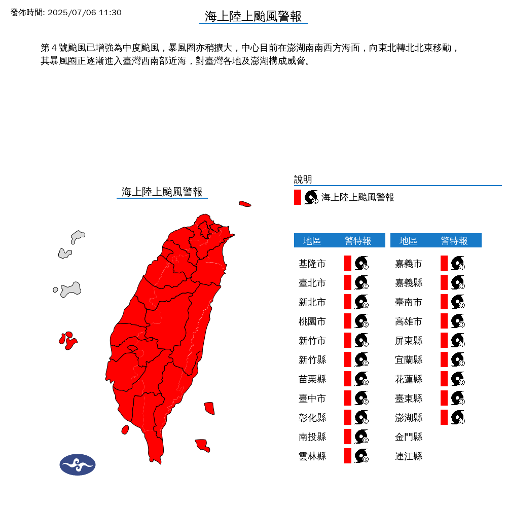 中央氣象署發布海上陸上颱風警報。圖/取自中央氣象署