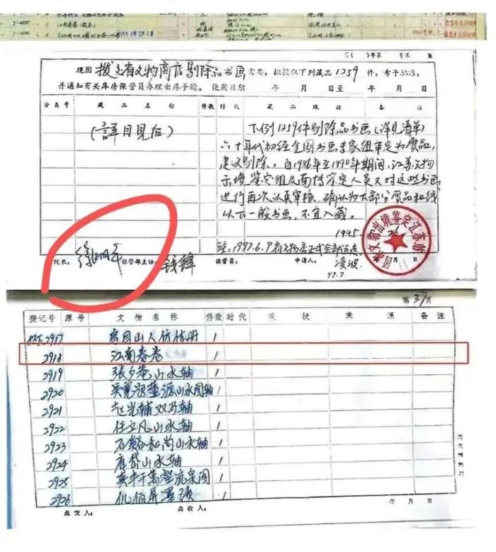 《江南春》畫作撥交文件上,留有當時南京博物院院長徐湖平、保管部主任錢鋒及申請人凌波的簽名。圖/取自新華社