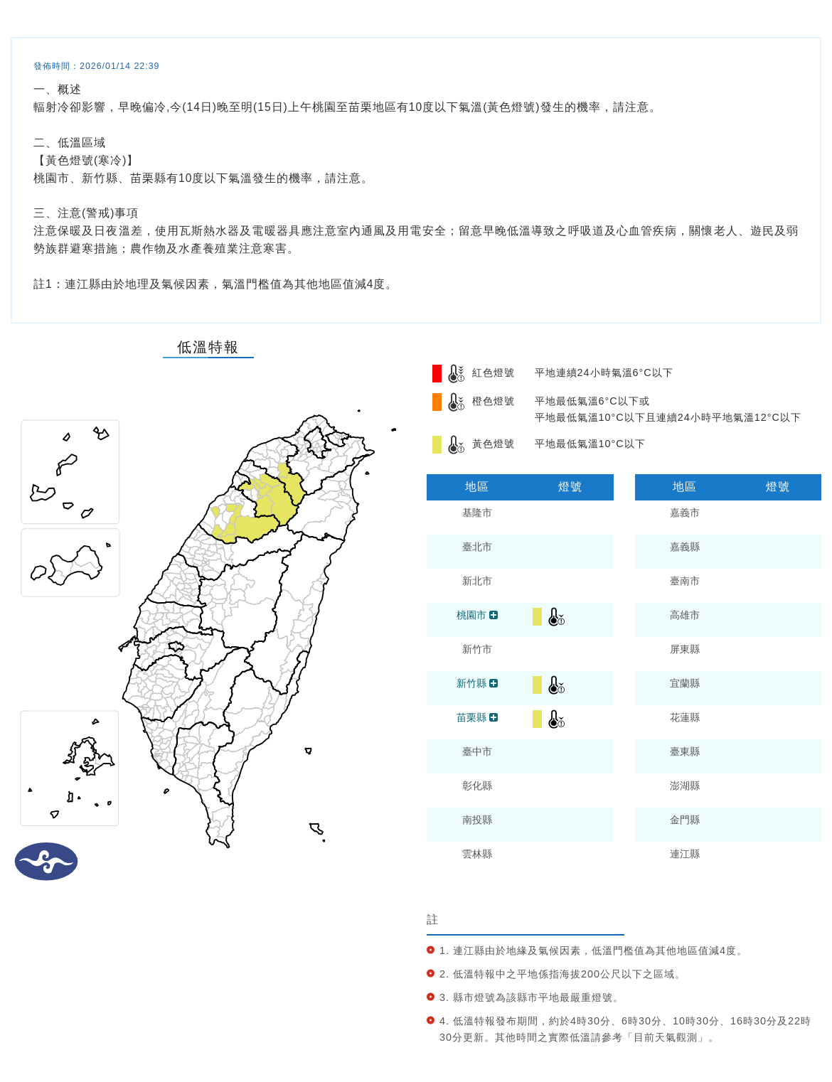 氣象署發布低溫特報。圖/取自中央氣象署