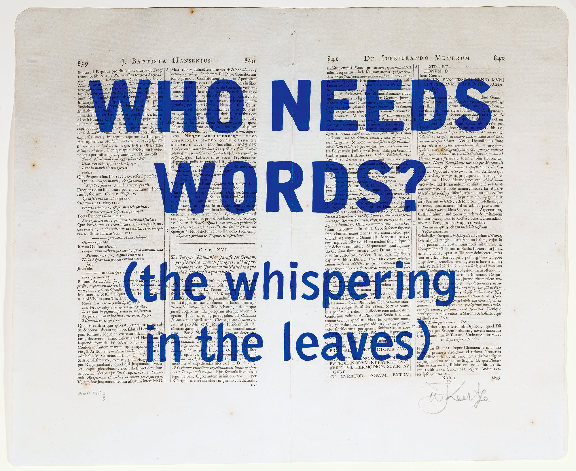 威廉．肯特里奇，《藍字標題》〈誰需要言語（樹葉中的呢喃）〉，2016，阿富汗純青金石靛藍水彩顏料，現成紙，每幅 37 × 50.5 公分。威廉．肯特里奇工作室，約翰尼斯堡，圖/藝術家提供