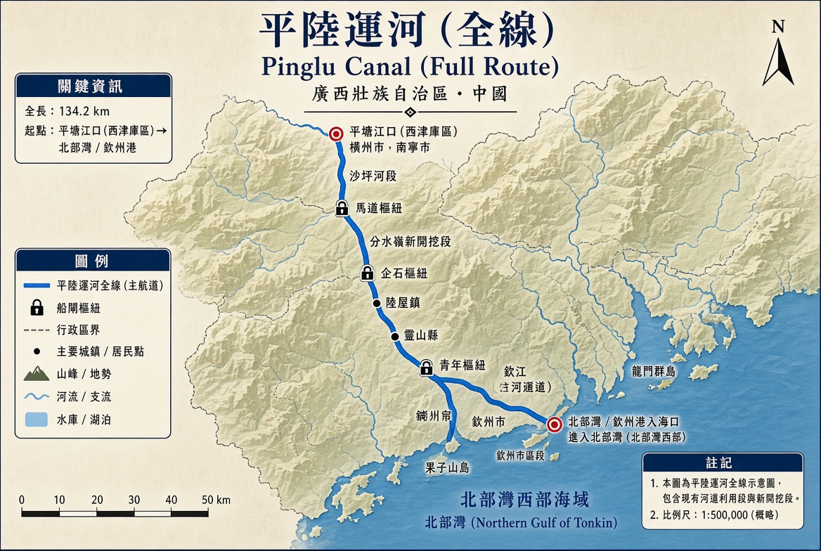 平陸運河16日正式運營，對打通西南各省通東南亞運輸水道，具重要意義，對台商也幫助很大。圖／AI生成