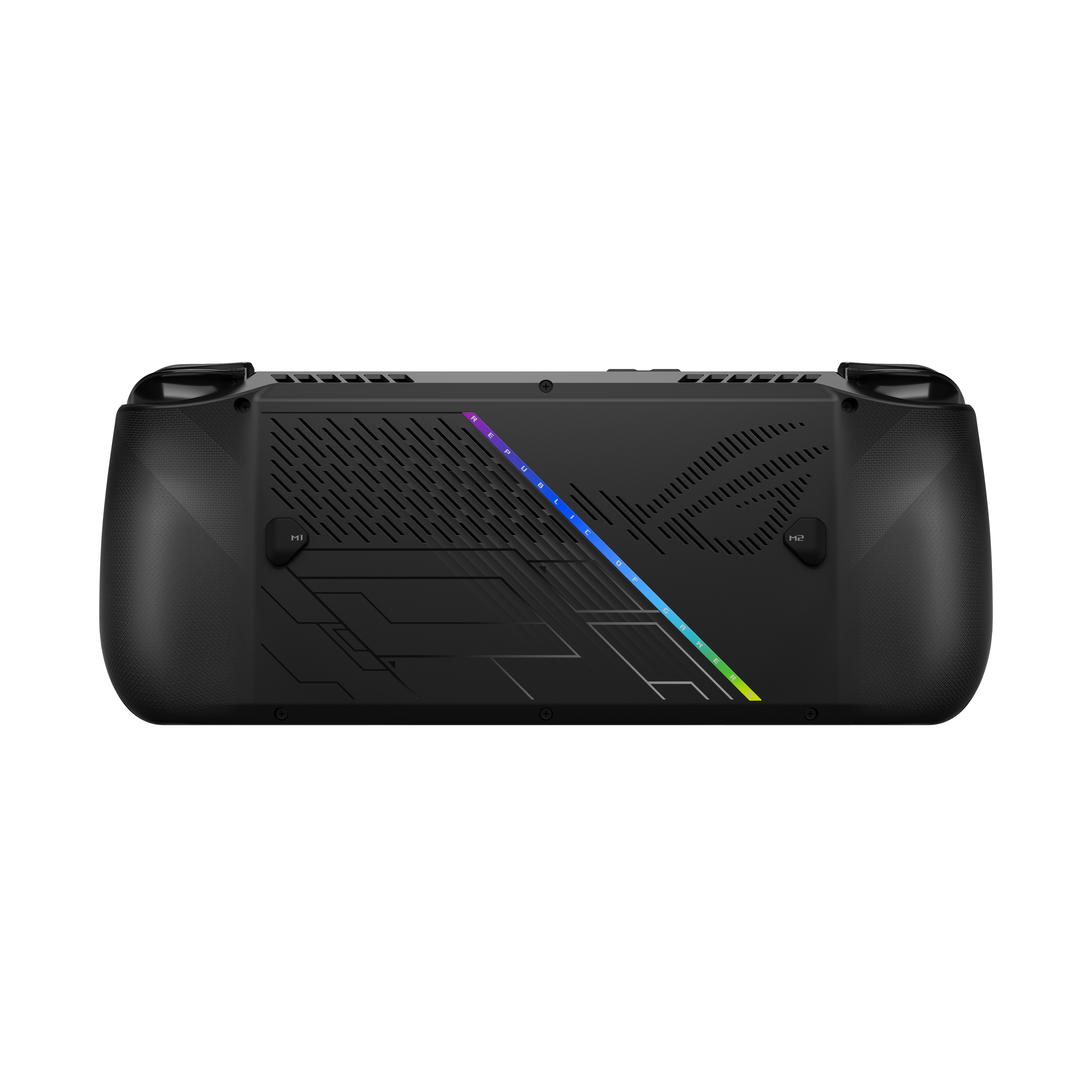 嶄新設計的ROG Ally X手把形狀圓潤，扳機鍵傾斜易按度提升；背後的自定義M1、M2鍵縮小以降低誤觸。圖/華碩提供