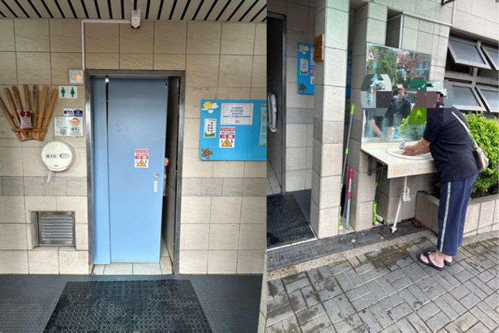 何姓婦人日前在使用文林路一處公廁時，因門板軌道滑脫，導致廁所門卡死，受困密閉空間內。圖/士林分局提供