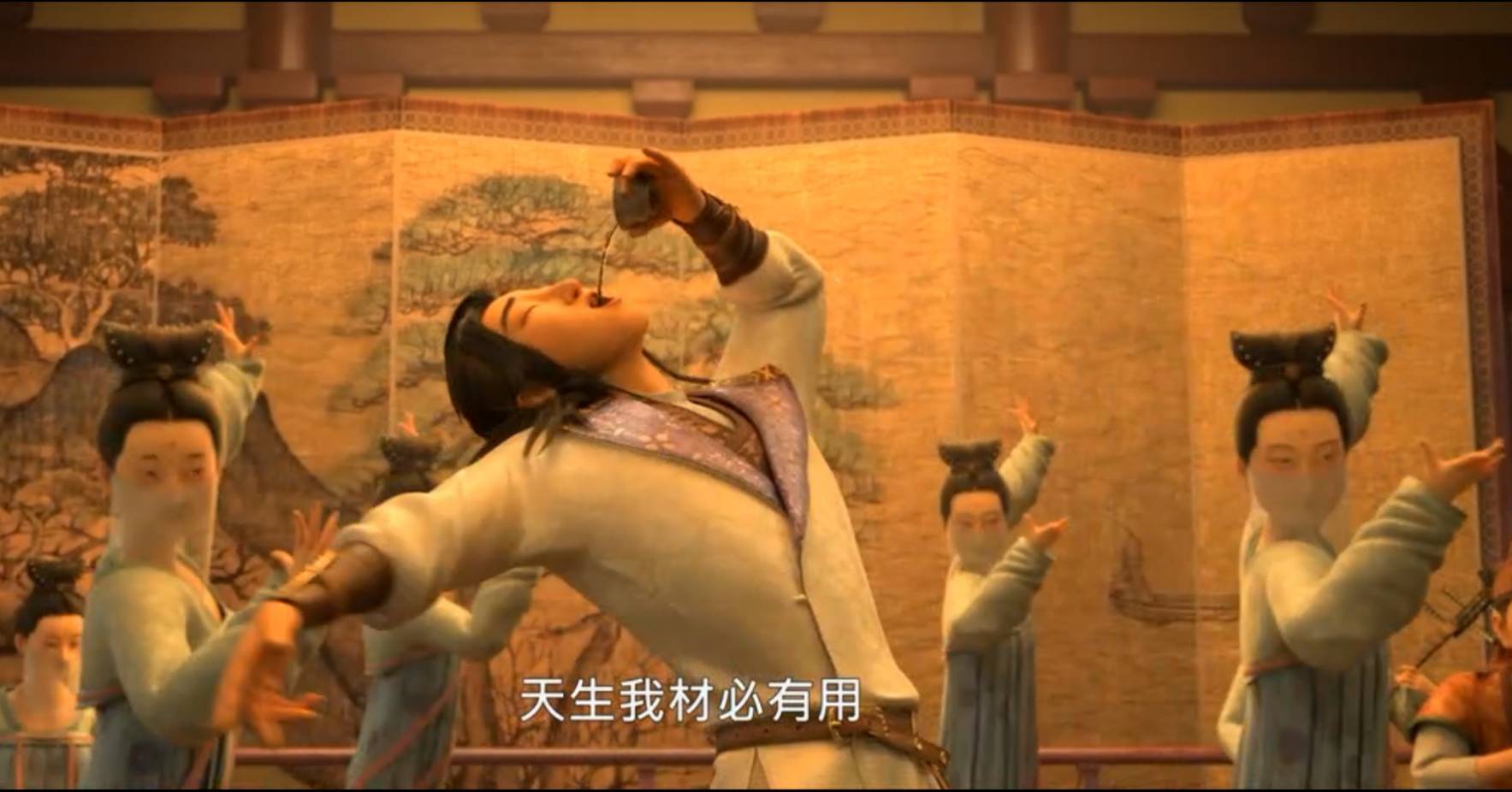大陸動畫電影《長安三萬里》講述唐代大詩人李白與高適的動人友情，李白創作〈將進酒〉是片中名場面。圖/春暉映像提供