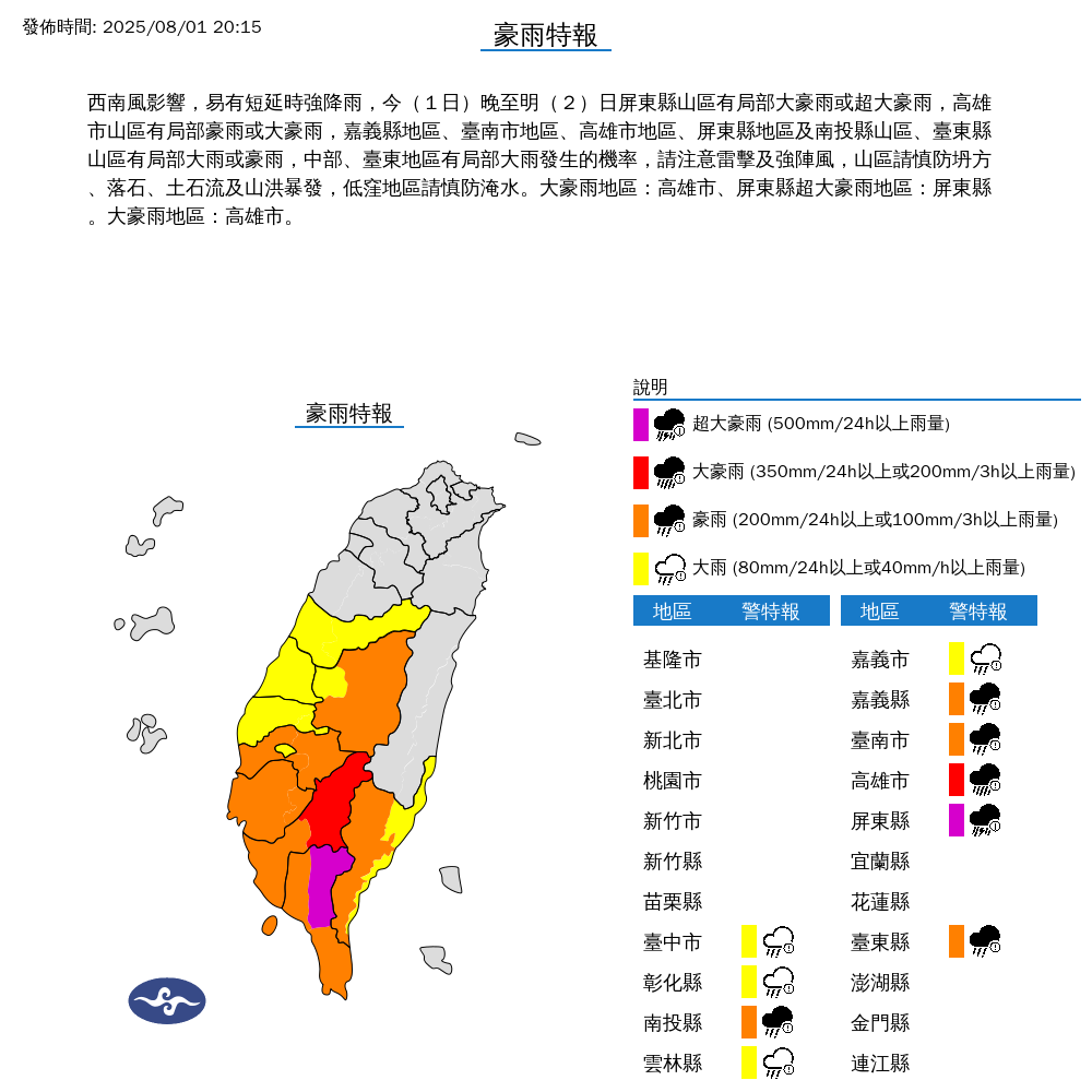 氣象署發布豪雨特報。圖/取自中央氣象署