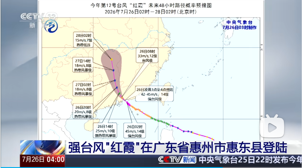 圖為強颱「紅霞」登陸惠州後的路徑圖。圖／取自央視新聞