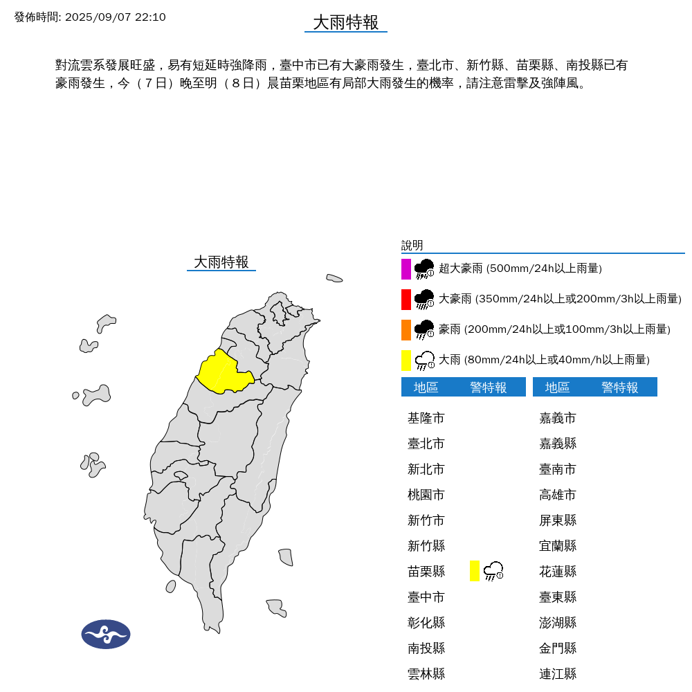 氣象署發布大雨特報。圖/取自中央氣象署