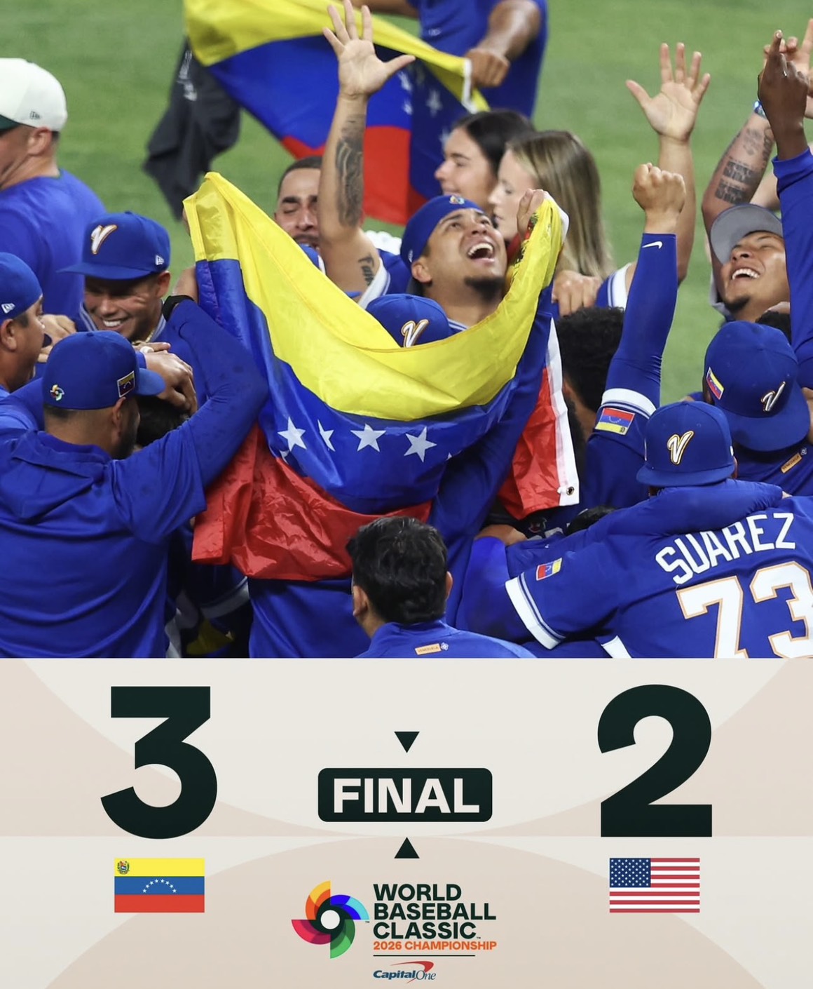  委內瑞拉以3比2擊敗美國，爆冷奪下隊史首座經典賽冠軍。圖/取自mlb IG