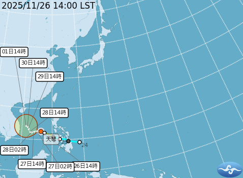 輕度颱風天琴預測路線圖。圖/取自中央氣象署