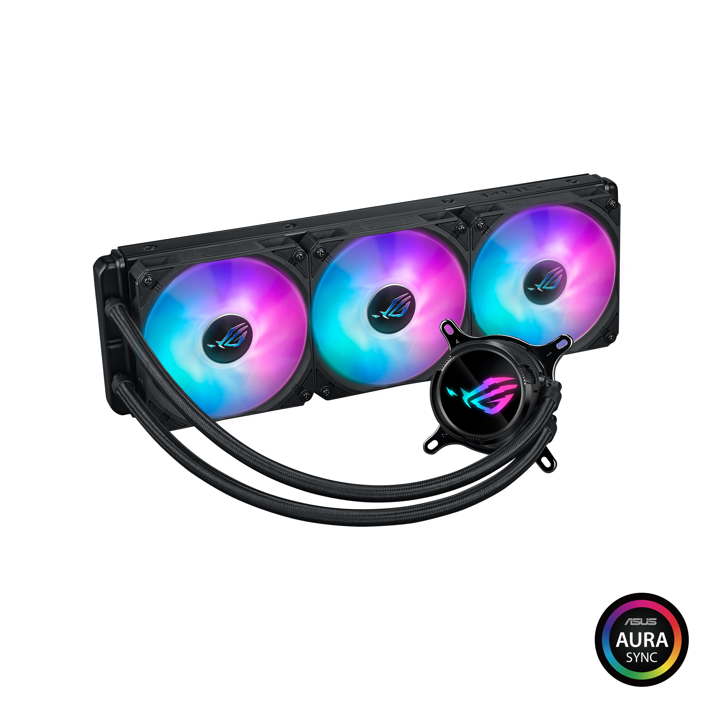 為增強與不同主機走線的相容性，ROG Strix LC III亦首度採用可360°旋轉的水冷頭，搭配磁吸式元件相輔相成，組裝簡單好上手。圖/華碩提供