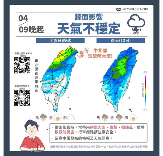 2波鋒面接力報到，天氣轉為不穩定。圖/取自中央氣象薯