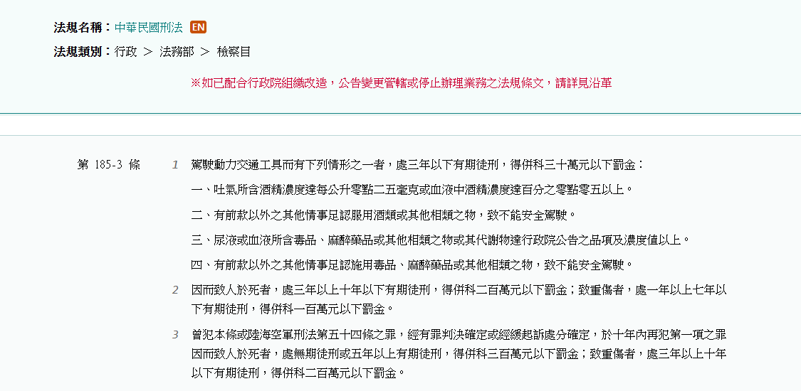 圖為刑法185-3條,針對不能安全駕駛罪的刑責。圖/取自全國法規資料庫官網