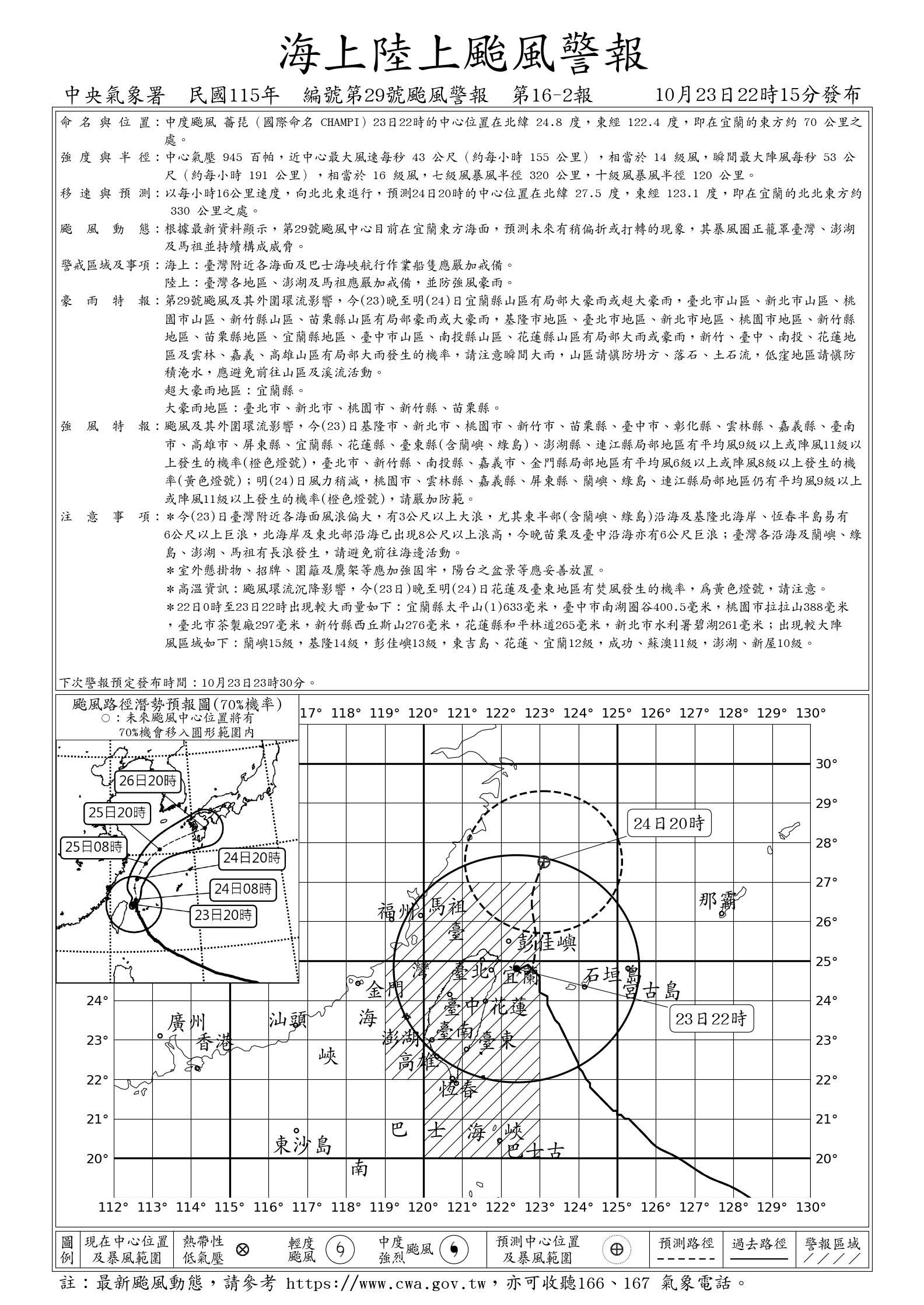 氣象署發布薔琵颱風海上陸上颱風警報。圖/取自中央氣象署