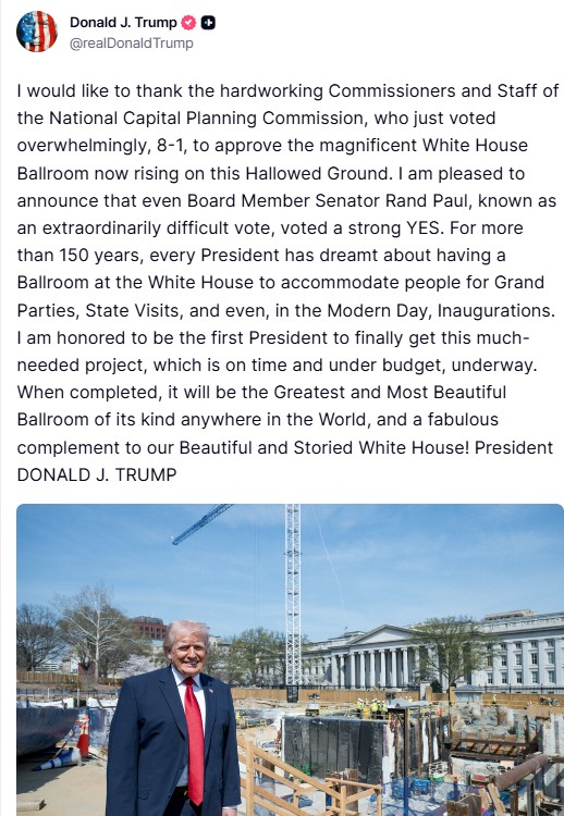 川普宣稱白宮「東翼現代化計畫」已取得重大進展。圖/取自Donald J. Trump (@realDonaldTrump)