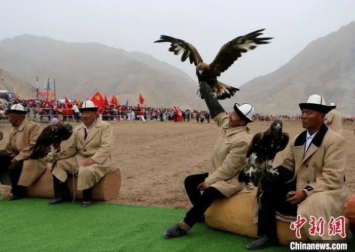 近日，新疆阿合奇縣舉辦獵鷹文化旅遊節，當地鷹手帶著愛鷹展示。圖/取自中新網