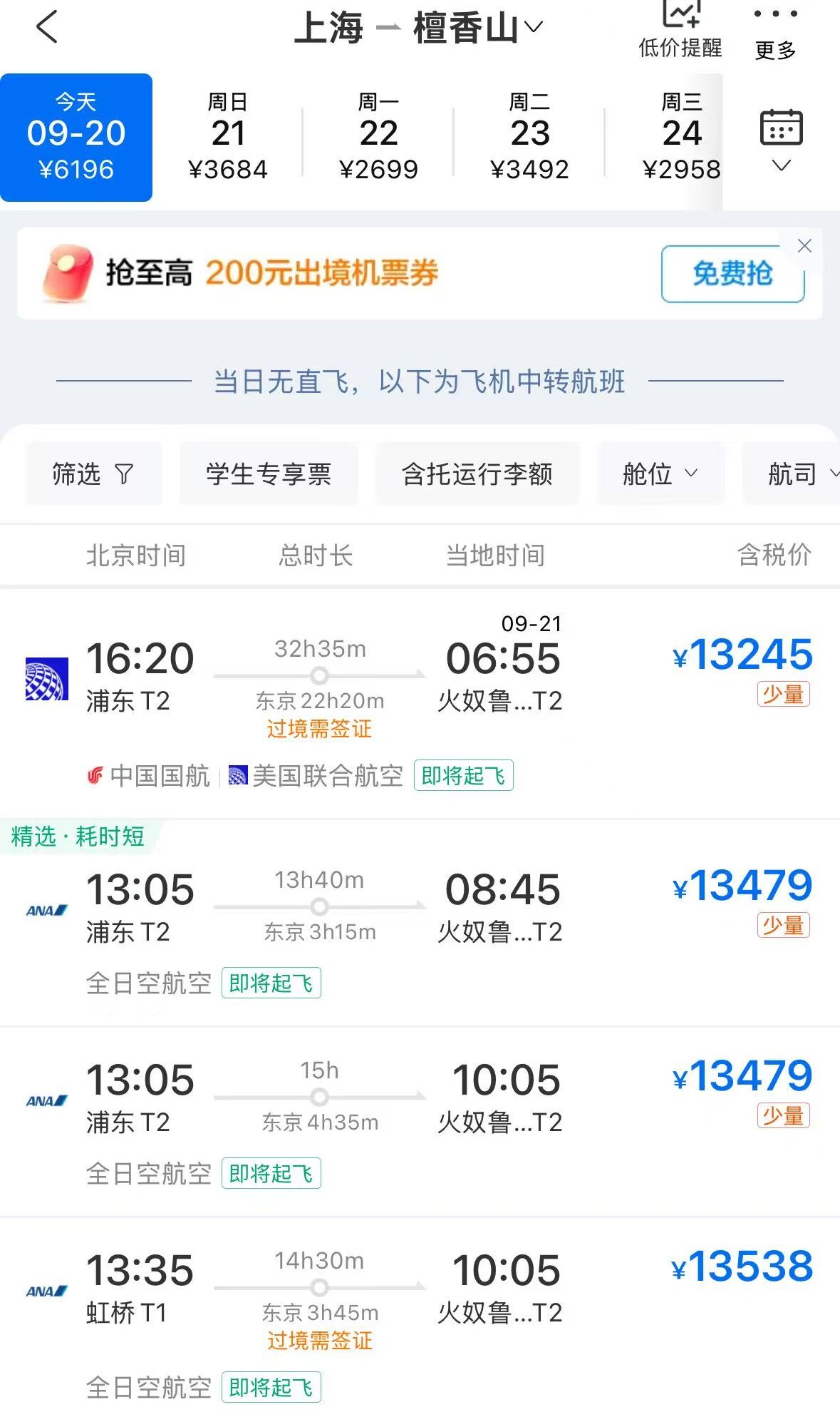上海飛夏威夷機票20日漲到1萬3千元人民幣。圖/取自第一財經