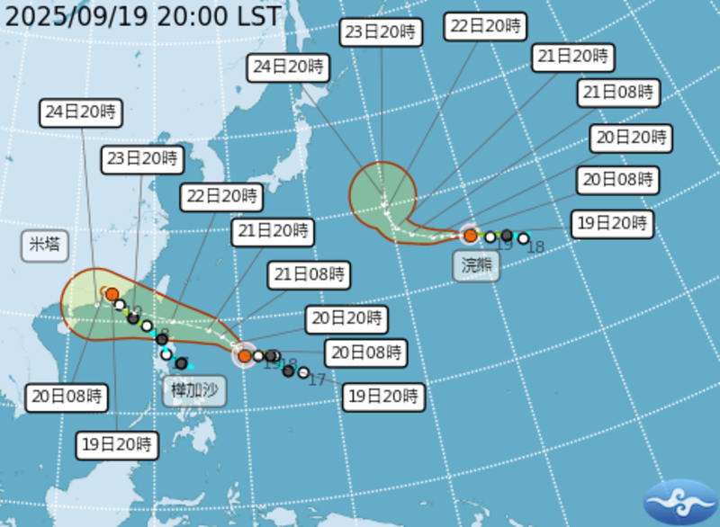 台灣附近3個颱風的預測路徑。圖/取自中央氣象署