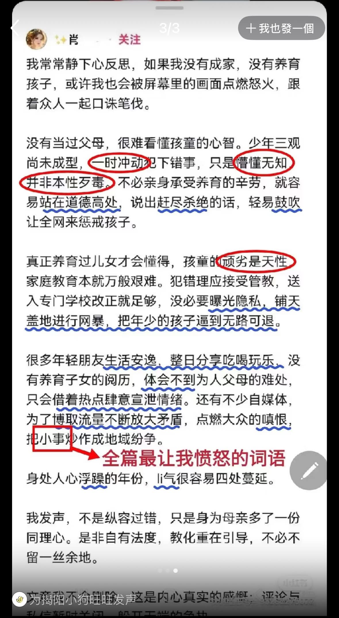 圖為涉虐狗的男童母親肖麗萍日前在社群發文。圖/取自Threads
