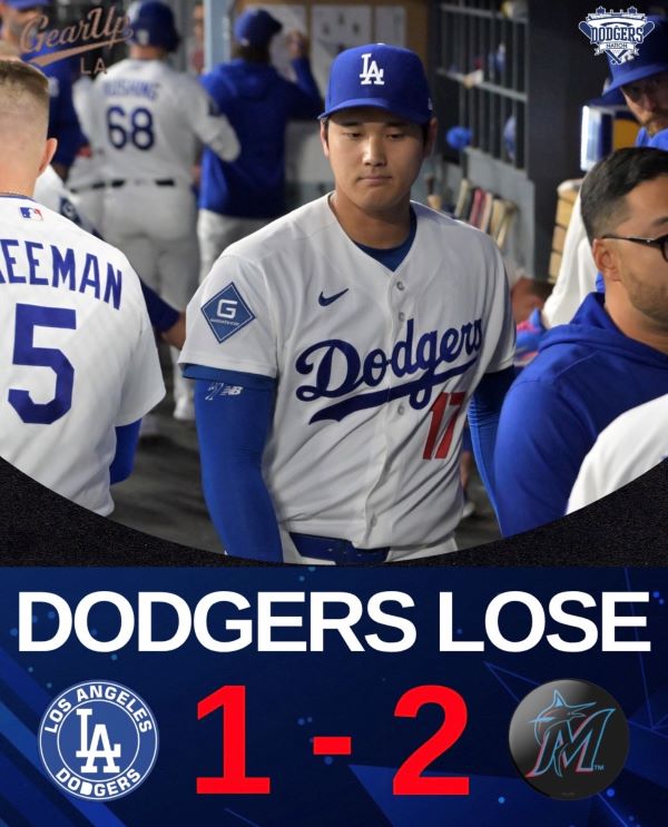  道奇打線整場遭馬林魚投手群封鎖，大谷翔平優質先發，仍吞本季首敗。圖/取自dodgersnation IG