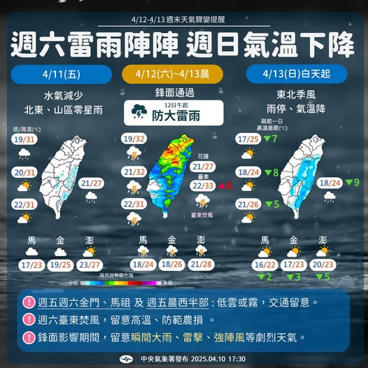 周末天氣預測。圖/取自中央氣象署
