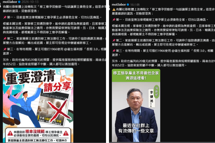 勞動部13日針對社群流傳「移工懷孕,勞動部一句話讓雇主養全家」的說法嚴正駁斥,時隔兩週,於27日再度於社群官方帳號再度澄清。圖/取自勞動部Threads