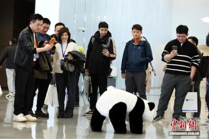 12月22日，大陸首個開放式機器人租賃平台擎天租，一款貓熊外觀的機器人受矚目。圖/取自中新社