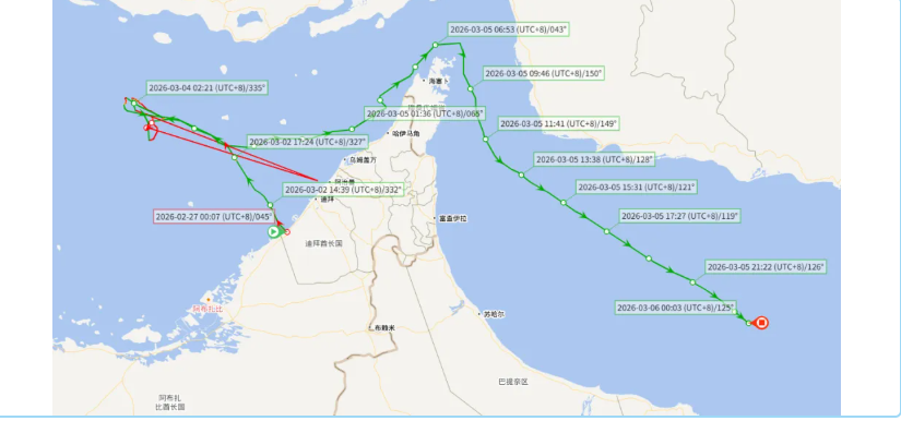 「鐵娘子」號通過荷姆茲海峽的航行路線。圖/取自海運網