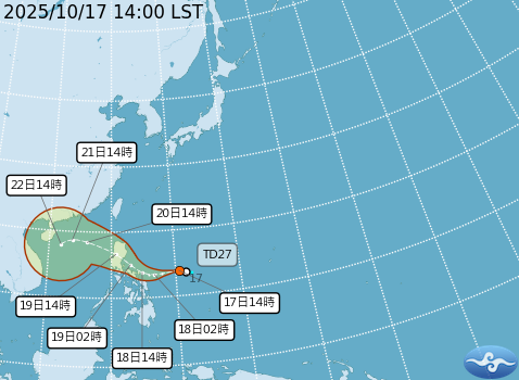 即將生成風神颱風的熱帶性低氣壓TD27預測路徑。圖/取自中央氣象署