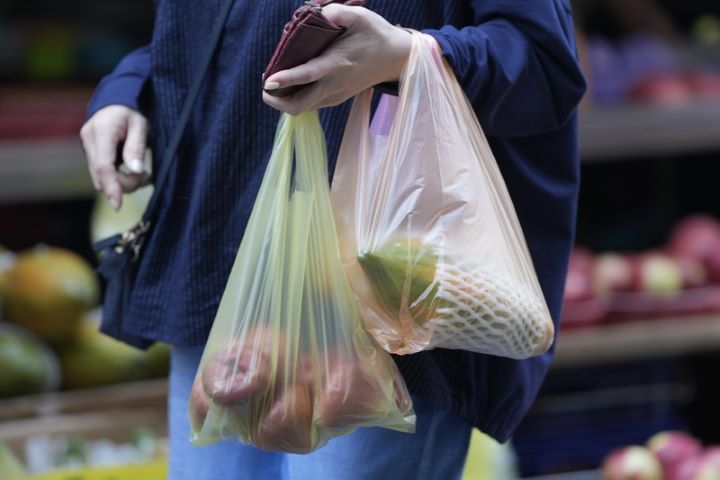 消費者在台北市北投區到市場用塑膠袋提著採買的蔬果。圖/中央社