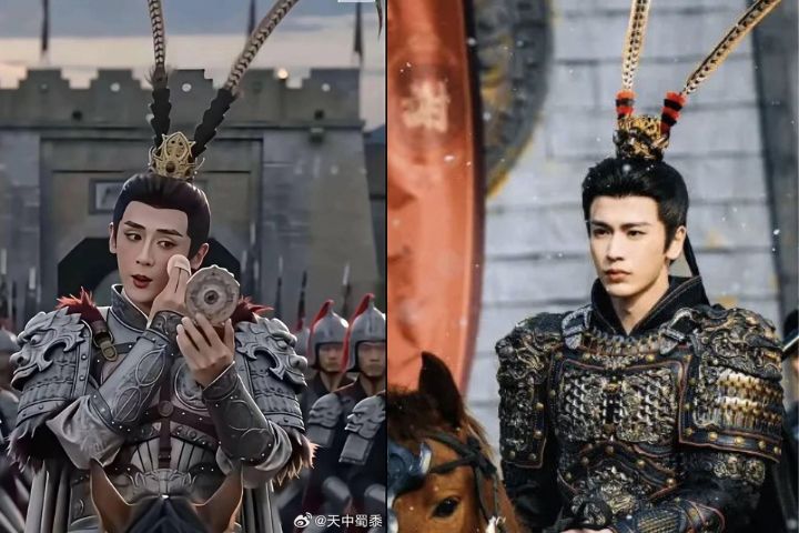 陸劇《逐玉》中，張凌赫飾演的武將謝征（右），被網友調侃為「打仗像走秀」還製作出大量的梗圖（左）。圖/取自天中黍黍微博