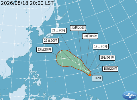 目前太平洋海面有一個熱帶性低氣壓TD20。圖/取自中央氣象署