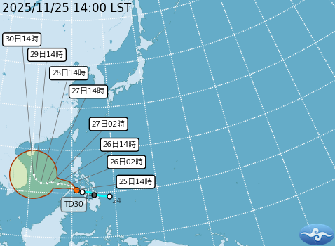 熱帶性低氣壓TD30預測路徑。圖/取自中央氣象署