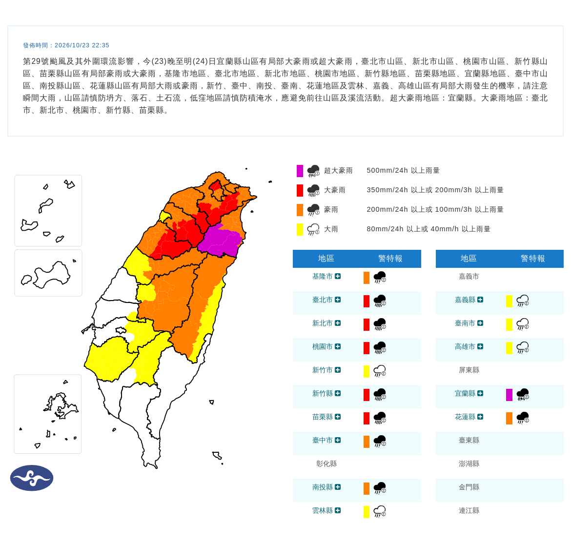 氣象署發布豪雨特報。圖/取自中央氣象署