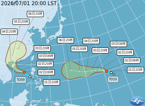 目前西太平洋海面有2個熱帶性低氣壓。圖/取自中央氣象署
