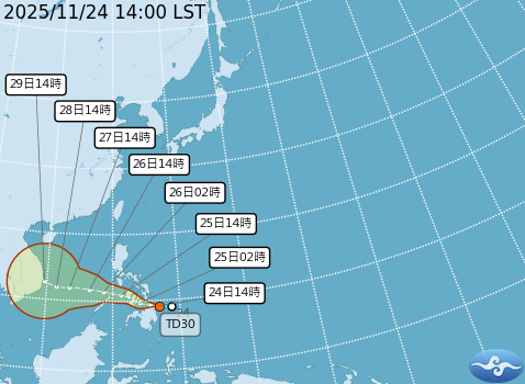 熱帶性低氣壓TD30預測路徑。圖/取自中央氣象署