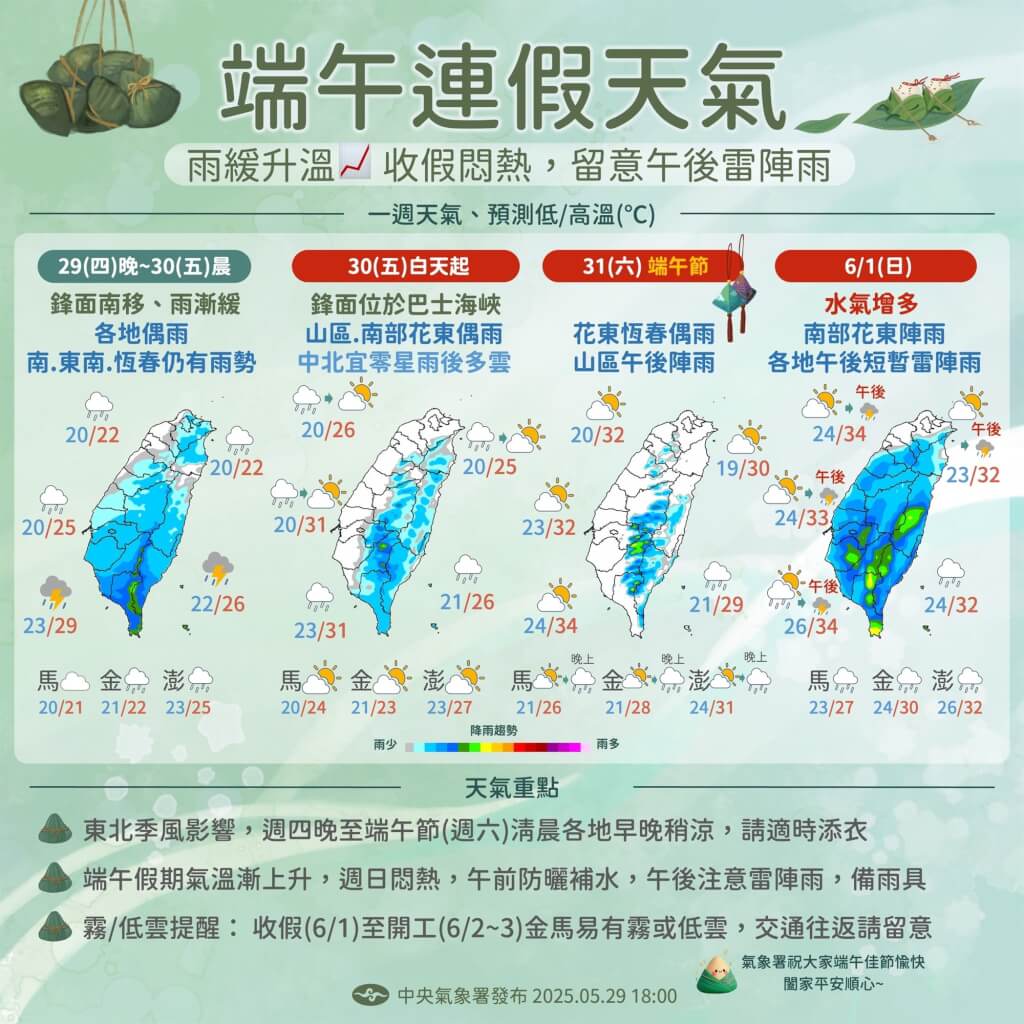 端午連假天氣預測。圖/取自中央氣象署