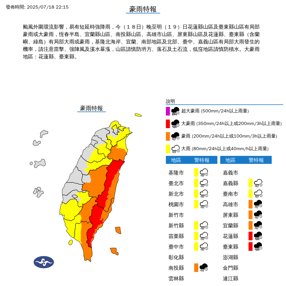 氣象署發布豪雨特報。圖/取自中央氣象署