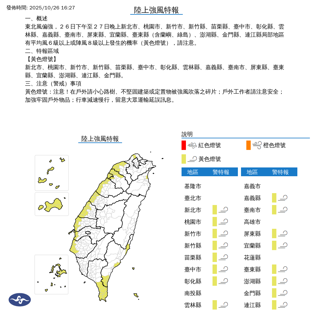 氣象署發布陸上強風特報。圖/取自中央氣象署