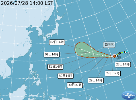 白海豚颱風預測路徑。圖/取自中央氣象署