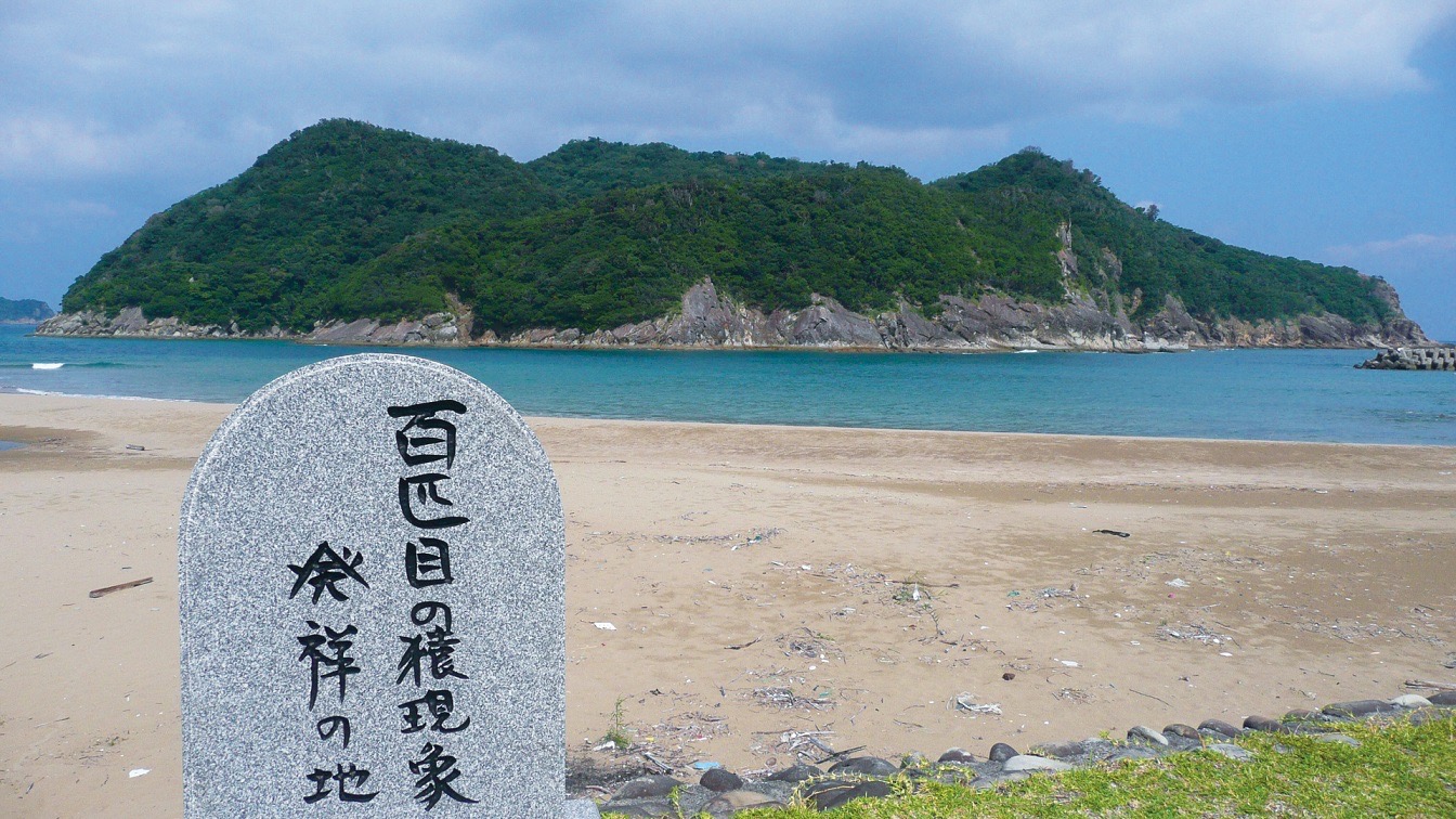 日本幸島「百猿現象」的發源地有一塊建於2004年的石碑，位於石浪海岸，俯瞰著幸島。（圖片來源：維基百科）