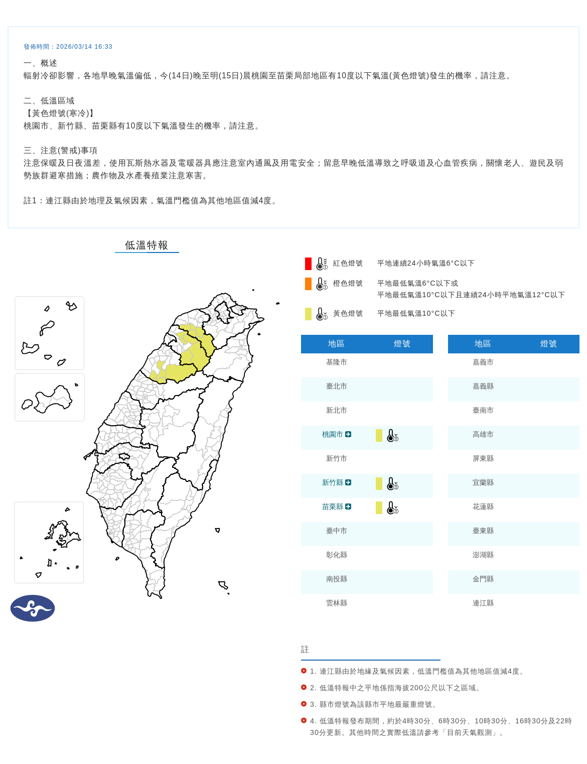 氣象署發布低溫特報。圖/取自中央氣象署