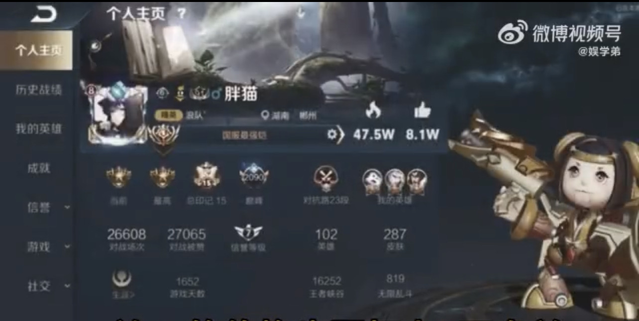 胖貓打電玩，是王者的存在。談感情，卻是完全的弱者。圖/截自微博視頻號＠娛樂弟