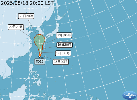 熱帶性低氣壓TD15預測路徑。圖/取自中央氣象署