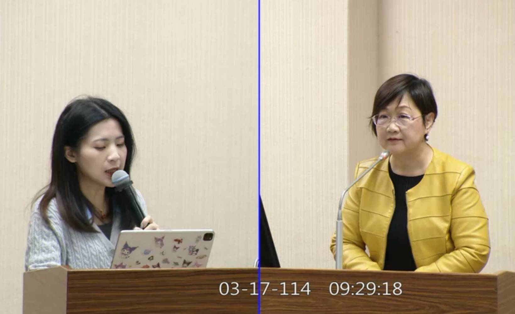 國民黨立委徐巧芯(左)17日質詢僑委會主委徐佳青(右)。圖/翻攝自國會頻道