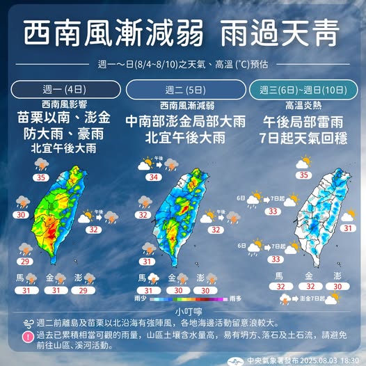 西南風逐漸減弱，近期天氣變化。圖/取自中央氣象署