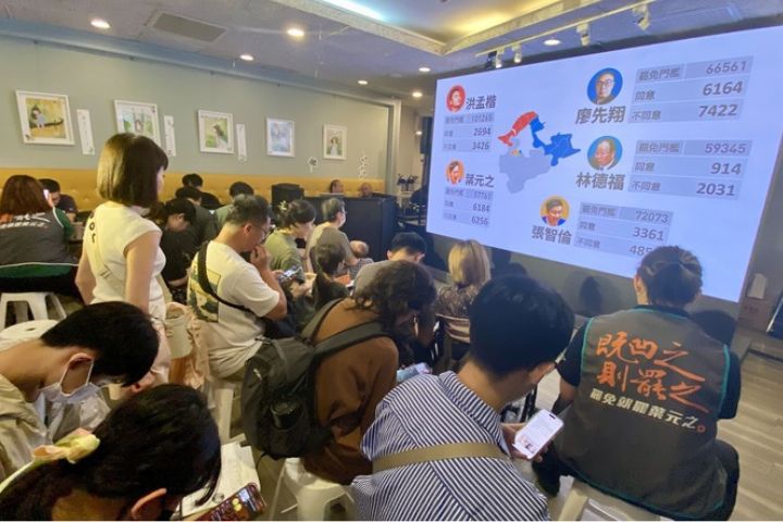 首波大罷免投票自26日下午4時起陸續開票，新北罷團聯合在板橋一處咖啡廳舉辦開票晚會。圖/中央社