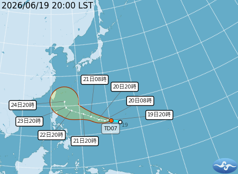 熱帶性低氣壓TD07預測路徑。圖/取自中央氣象署